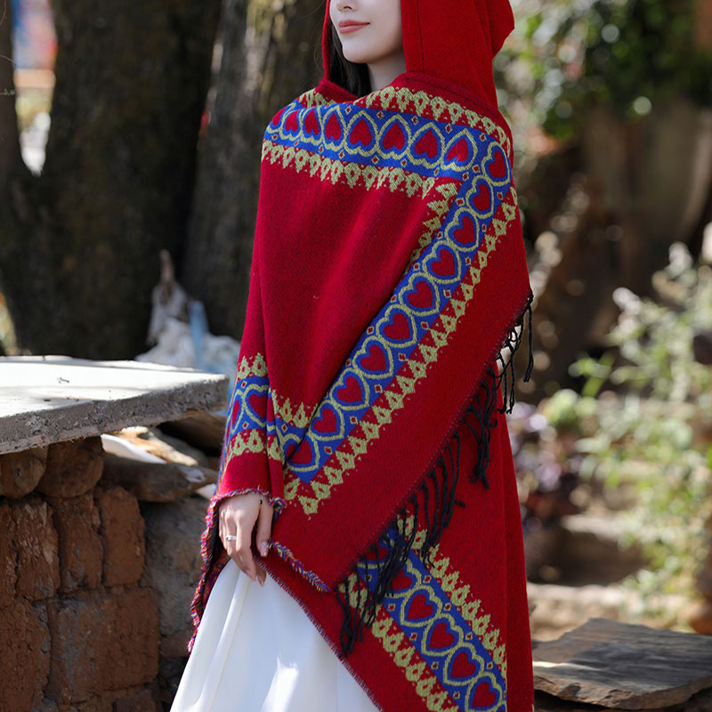 Mantón tibetano de Buddha Stones , capa con capucha y borla de corazón de amor rojo, bufanda de viaje acogedora para invierno