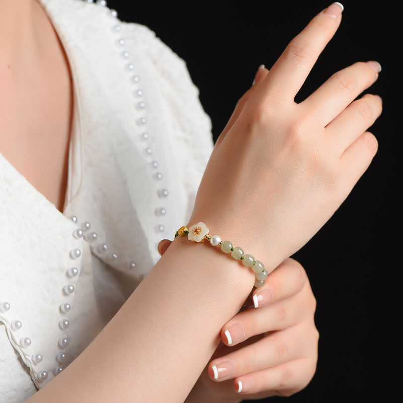 Pulsera de la suerte de flor de melocotón de jade hetiano natural de plata de ley 925
