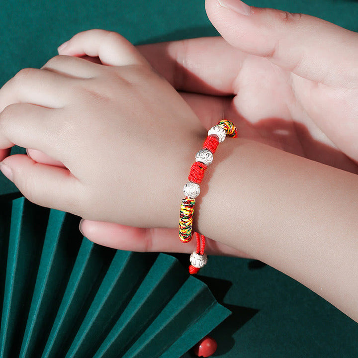 Pulsera para niños trenzada hecha a mano con Buddha Stones , Plata de Ley 925, nudo King Kong, hilo rojo multicolor