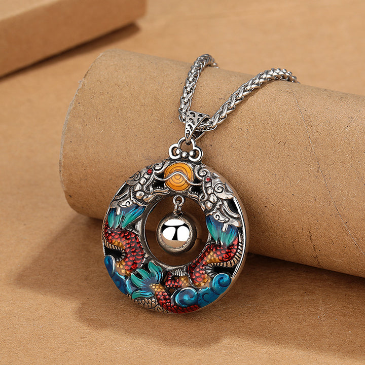 Colgante de collar de protección de cobre con cuentas de juego de dragones dobles coloridos del Año del Dragón de Buddha Stones