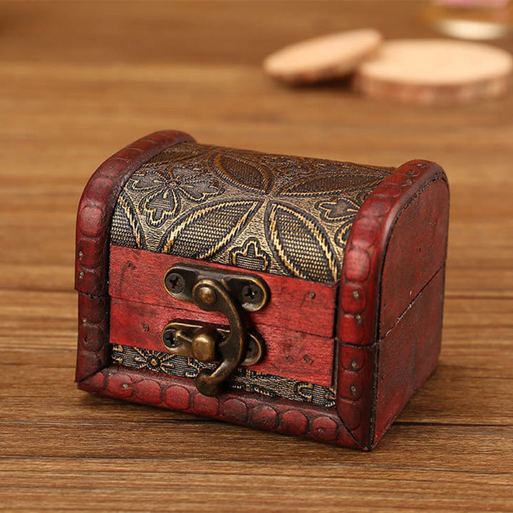 Caja de joyería de madera pequeña Retro con Buddha Stones , caja de almacenamiento de joyería con flor de hierba Narciso, moneda de cobre, uva dorada de loto
