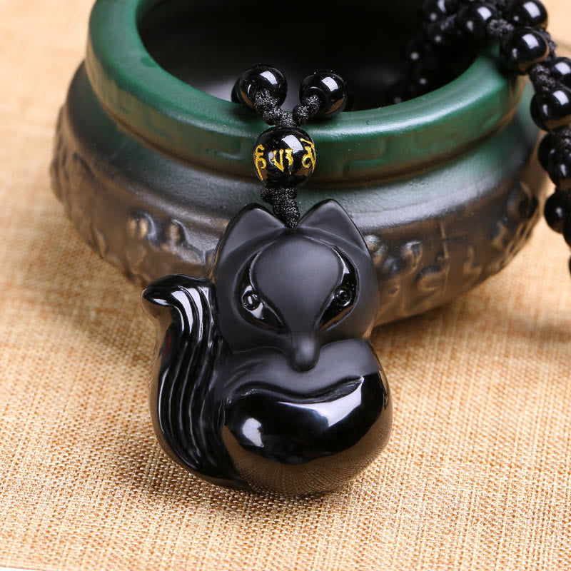Collar con colgante de amuleto de obsidiana negra natural con Buddha Stones , ojo de tigre, hielo, obsidiana y zorro