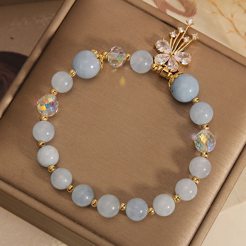 Pulsera con dije de mariposa y circonita curativa con cristal rosa aguamarina y Buddha Stones