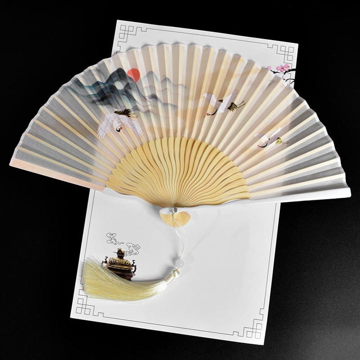 Abanico plegable de bambú de mano con diseño de grulla de nube vintage de Buddha Stones - Grulla de Nube Beige - image 9