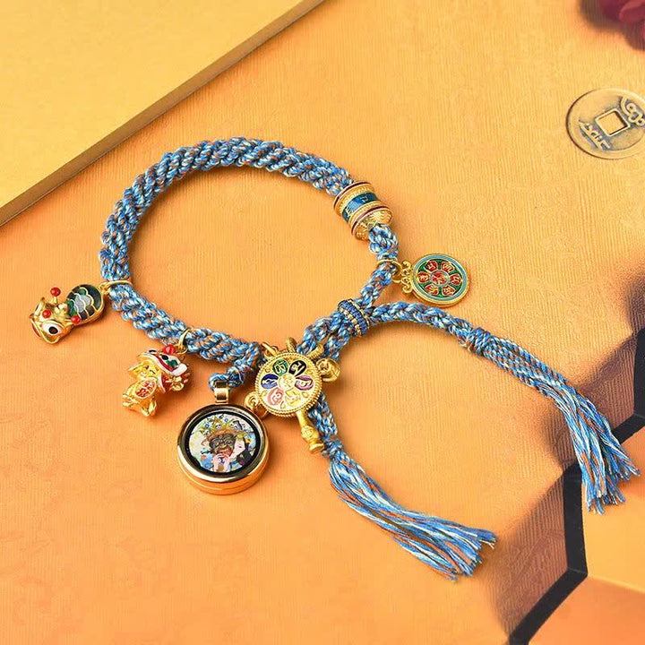 Pulsera tibetana Zakiram diosa de la riqueza Thangka suerte rueda de oración trenzada