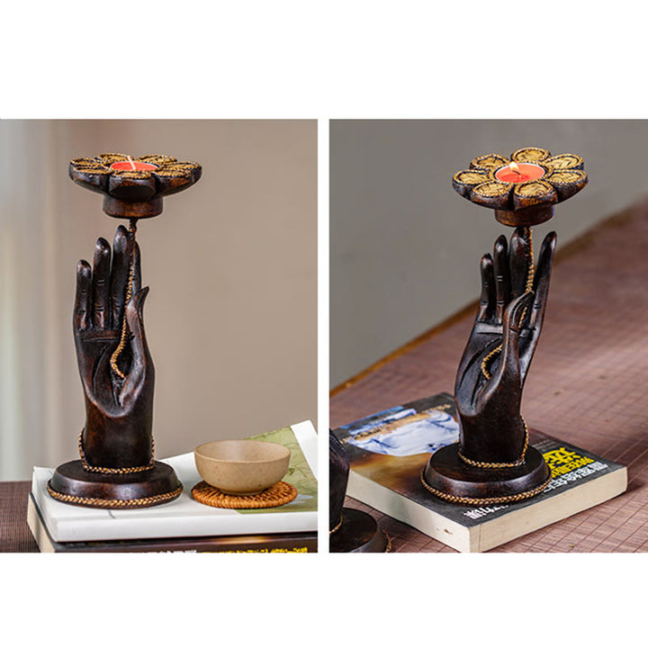 Candelabro de madera con diseño de mano de Buddha Stones , decoración para el hogar