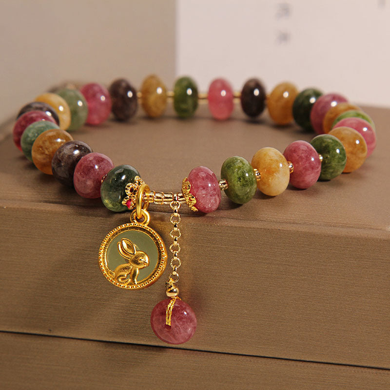 Pulsera positiva con dije de conejo lindo de turmalina colorida natural con Buddha Stones