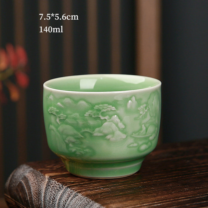 Taza de té de cerámica de pino, piedras de Buddha Stones , árboles, pabellón, montañas, ríos, Kung Fu