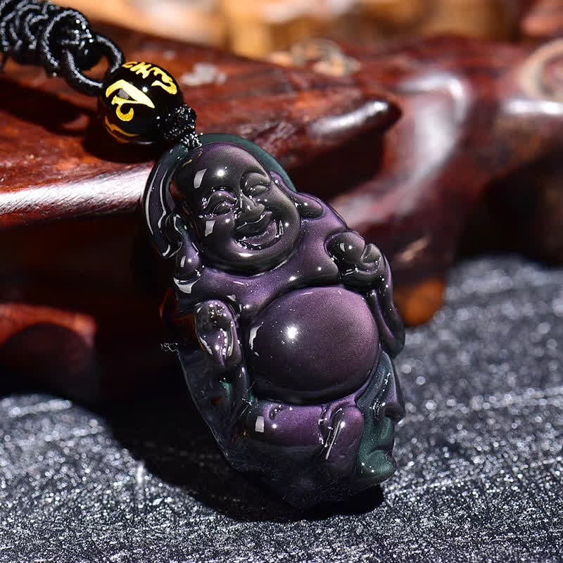 Colgante de collar de paz interior de Buda sonriente de obsidiana arcoíris natural - image 3