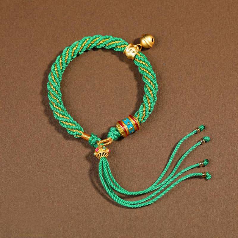 Pulsera de cuerda trenzada con dije de campana y rueda de oración Thangka de protección de la suerte hecha a mano tibetana