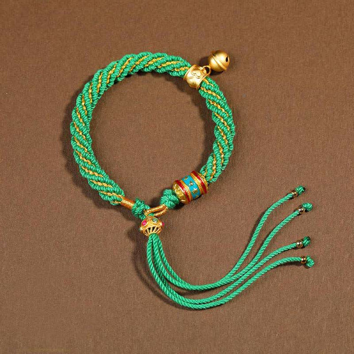 Pulsera de cuerda trenzada con dije de campana y rueda de oración Thangka de protección de la suerte hecha a mano tibetana
