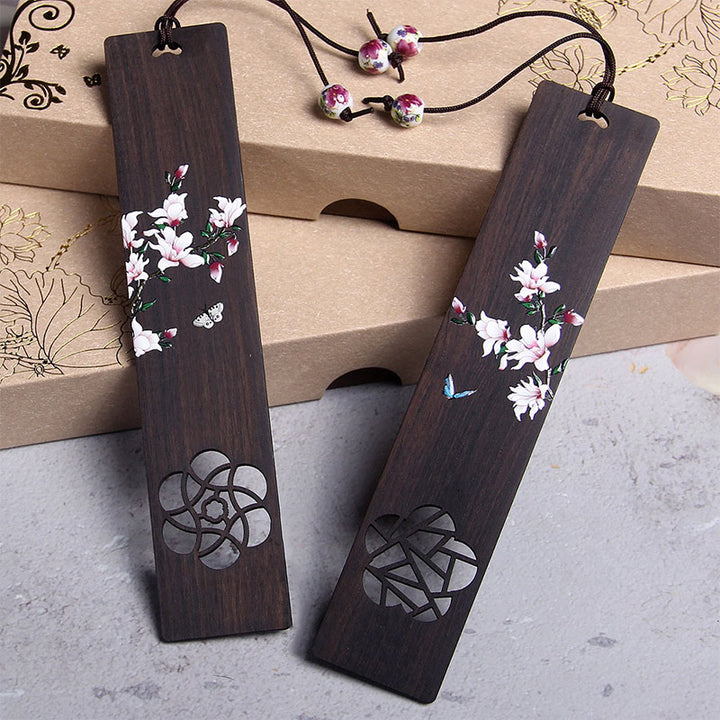 Marcadores de madera de ébano con flores de mariposa y Buddha Stones con caja de regalo