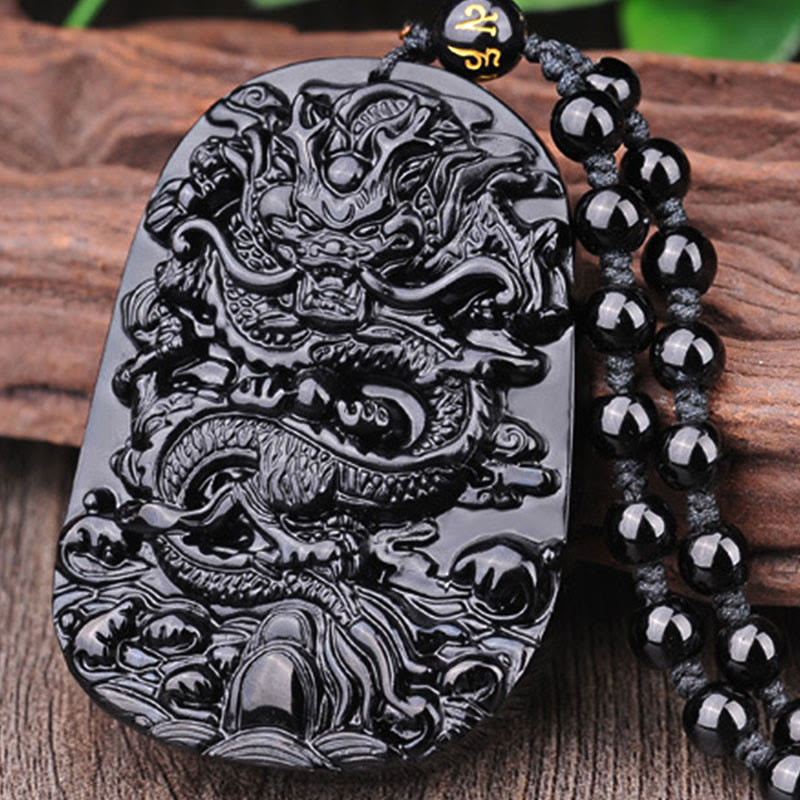Collar con colgante de cumplimiento de dragón de piedra de obsidiana negra de Buddha Stones - image 9