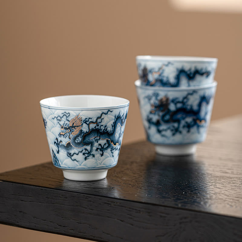 Tazas de té de cerámica con diseño de dragón blanco y azul pequeño de Buddha Stones, tazas de té de Kung Fu de 45ml