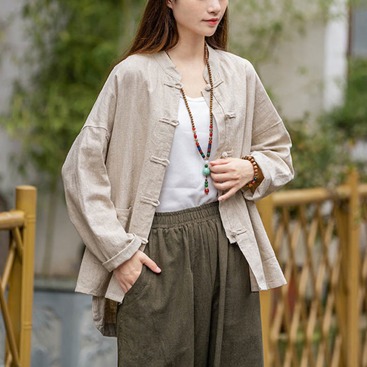 Camisa con diseño de botones de rana y Buddha Stones , ropa superior para meditación de Tai Chi, chaqueta de lino de ramio