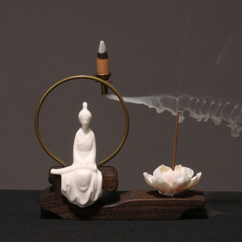 Quemador de incienso de meditación curativa de loto de cerámica con Buddha Stones , decoración