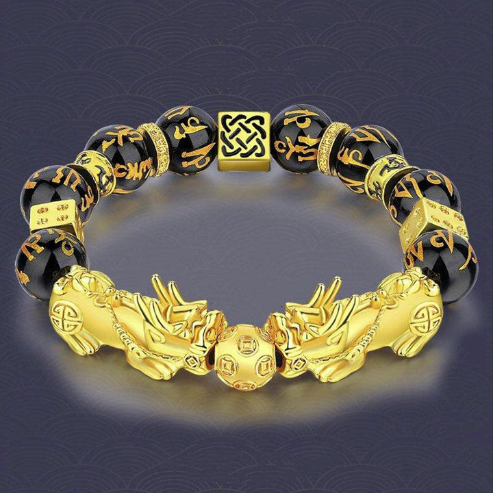 Buddha Stones FengShui Doble PiXiu Obsidiana Om Mani Padme Hum Pulsera de Riqueza