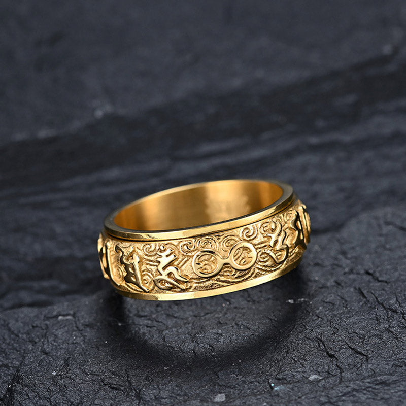 Anillo de acero de titanio con Buddha Stones, seis palabras verdaderas, equilibrio tranquilo