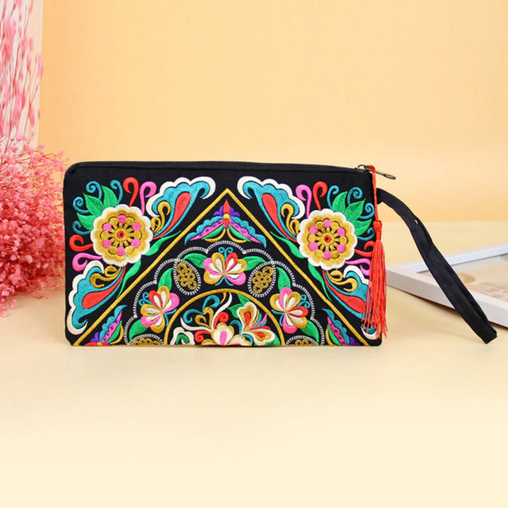 Cartera de compras con bordado de flores de Buddha Stones, dragón, mariposa, cosmos