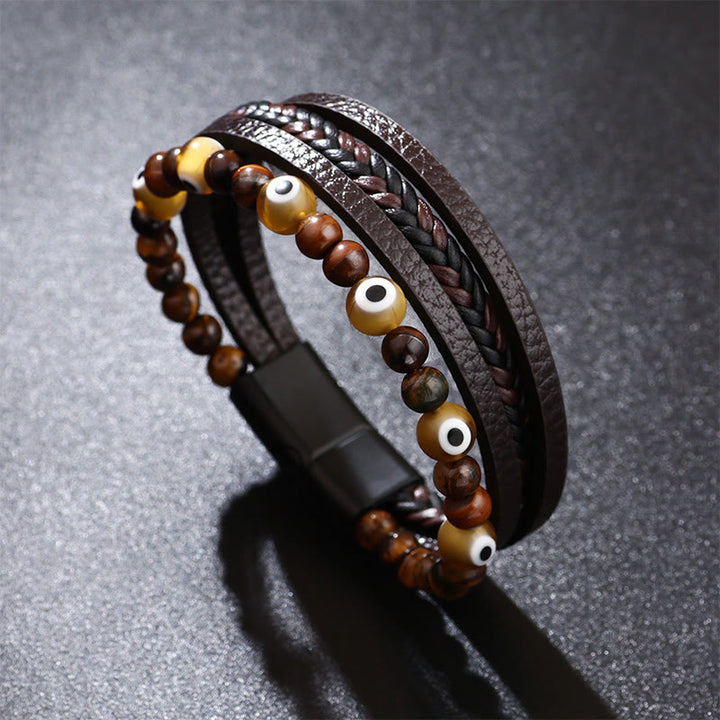 Pulsera trenzada multicapa con cuentas de protección de ojo de tigre de ojo malvado de Buddha Stones