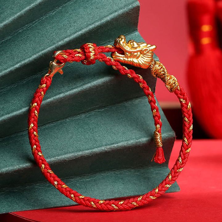 Pulsera trenzada de hilo rojo con nudo de ocho hilos de la suerte del dragón hecha a mano de plata de ley 999 con Buddha Stones