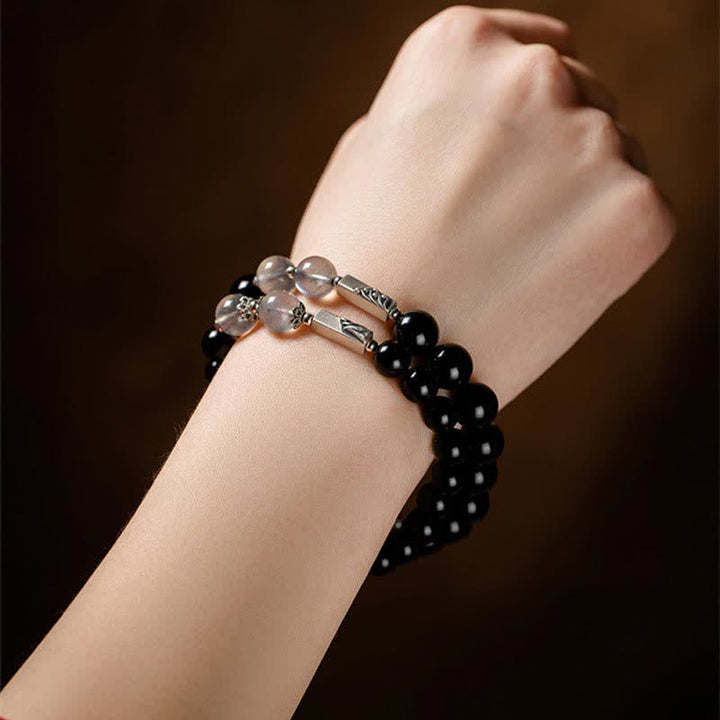 Pulsera de pareja de fuerza de piedra lunar de obsidiana de plata de ley 925