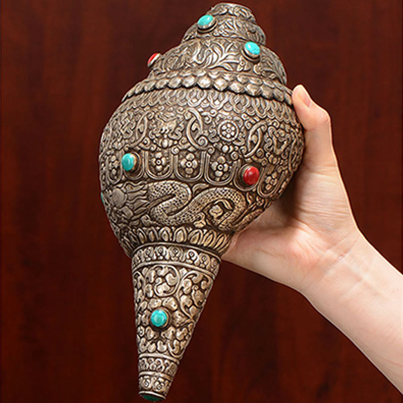 Shankha Natural hecho a mano tibetano grabado ocho símbolos auspiciosos Concha decoración del hogar de la suerte