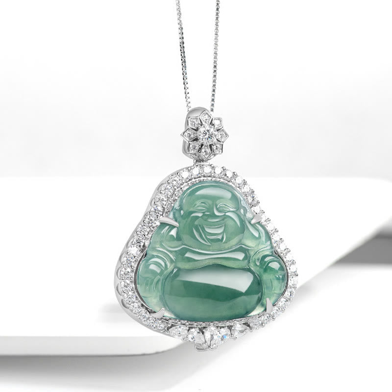 Colgante de cadena de plata de ley 925 con Buddha Stones , Buda sonriente, jade natural, suerte, abundancia - image 2