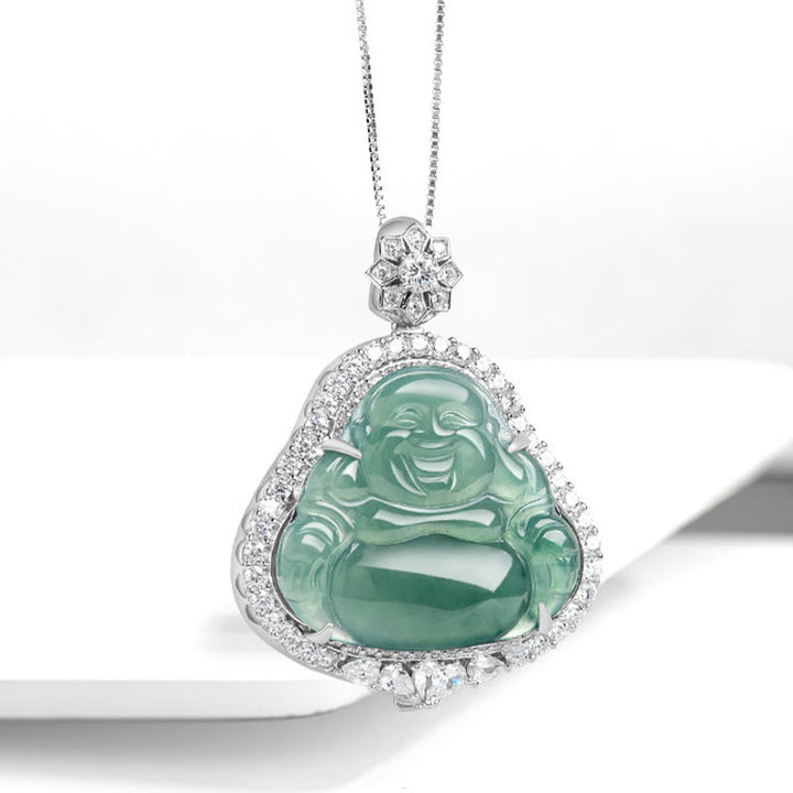 Colgante de cadena de plata de ley 925 con Buddha Stones , Buda sonriente, jade natural, suerte, abundancia - image 2