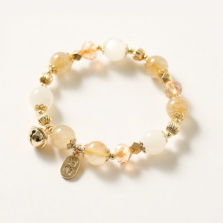 Pulsera con amuleto de la fortuna de la suerte, campana de la riqueza, cuarzo rutilado dorado, chapado en oro de 14 quilates con Buddha Stones