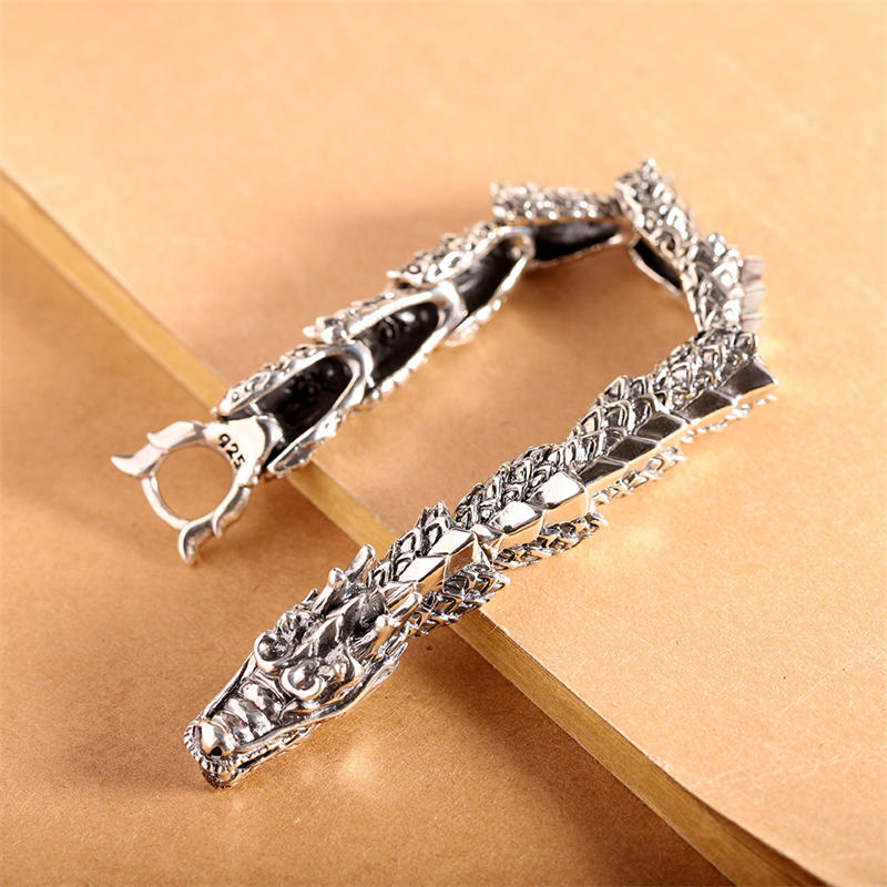 Brazalete de pulsera de éxito de suerte de dragón de plata de ley 925