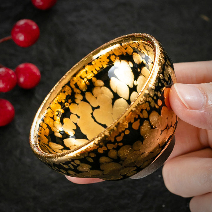 Taza de té de cerámica Jianzhan chino con diseño de manchas de oro de 24K, Buddha Stones , tazón de taza de té de Kung Fu con caja de regalo