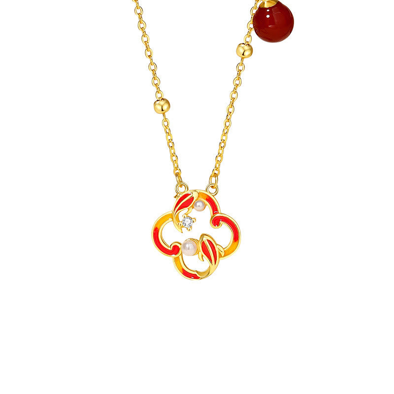 Juego de pendientes y collar con colgante de trébol de cuatro hojas, Plata de Ley 925, Buddha Stones , ágata roja, perla, riqueza