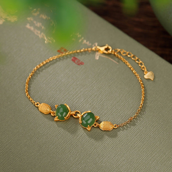 Buddha Stones Plata de Ley 925 Natural Hetian blanco Jade cian Jade encantadora pulsera de la suerte de zorro