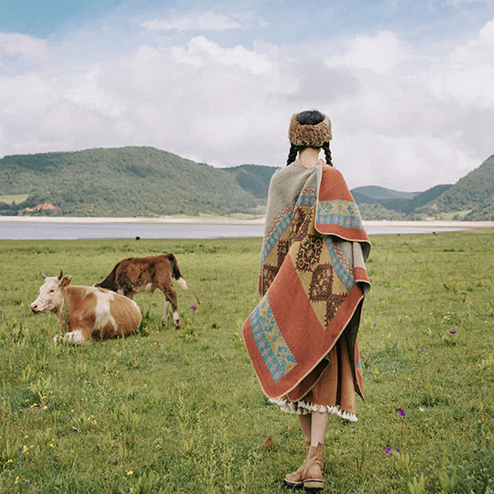 Bufanda de capa cálida de invierno con patrón de diamantes de chal tibetano de Buddha Stones - image 5