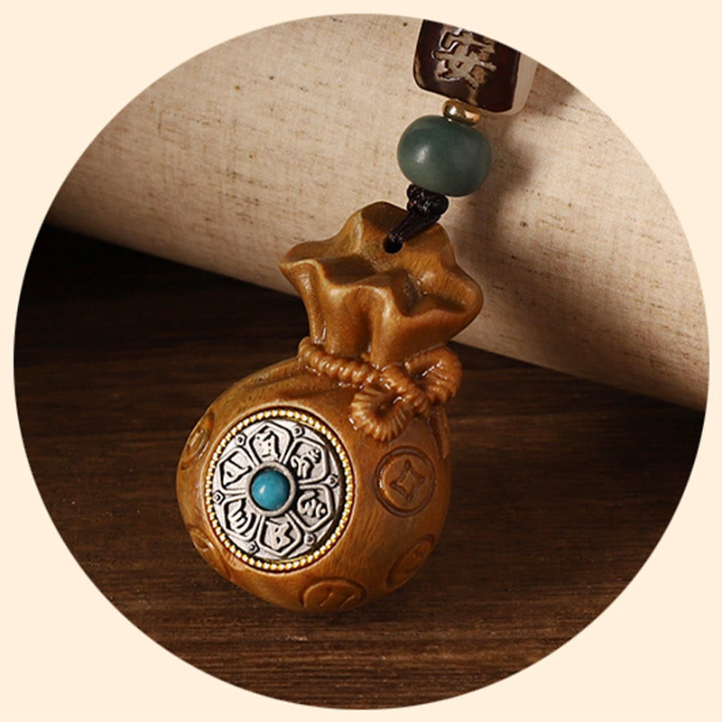 Buddha Stones, hoja pequeña, sándalo rojo, sándalo verde, bolsa de dinero, Om Mani Padme Hum, protección giratoria, decoración colgante