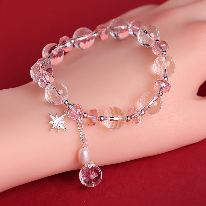 Pulsera con dije de estrella de protección de cristal rosa y cristal blanco con Buddha Stones