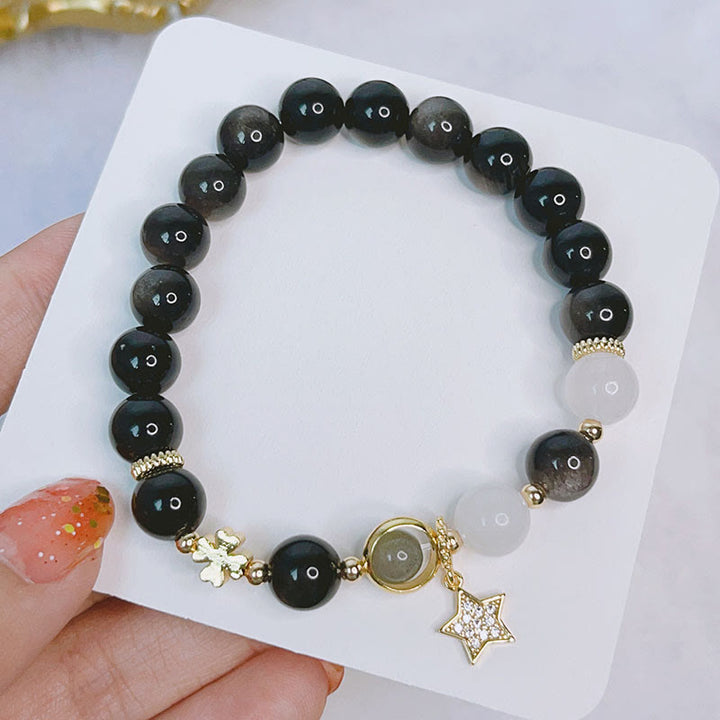 Pulsera de protección de flor de estrella de corazón de amor de obsidiana con brillo de plata natural de Buddha Stones