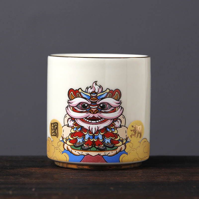 Tazas de té de cerámica con Buddha Stones, Vintage, flor de ciruelo, pino, bambú, Phoenix, Kirin, León, baile
