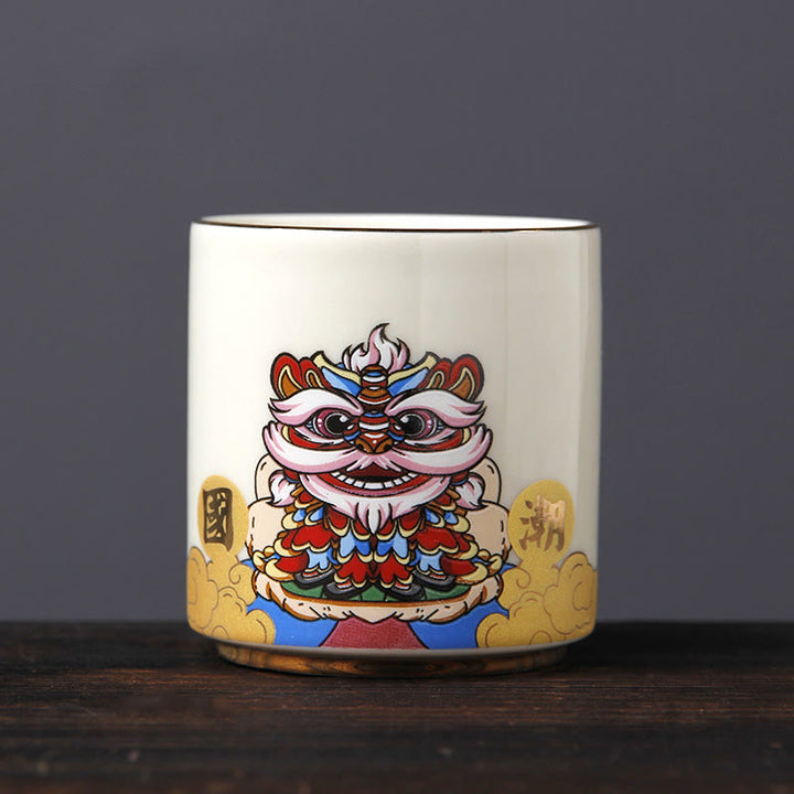 Tazas de té de cerámica con Buddha Stones, Vintage, flor de ciruelo, pino, bambú, Phoenix, Kirin, León, baile