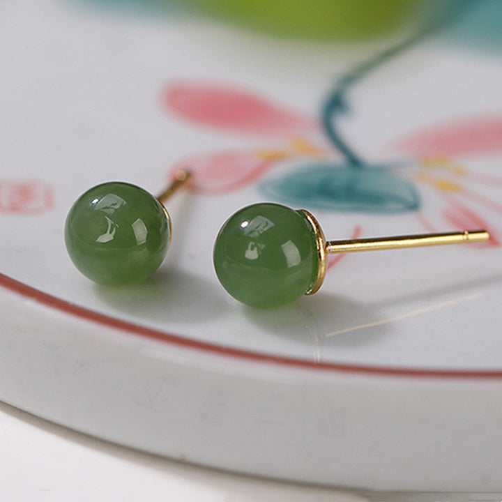 Pendientes de tuerca de plata de ley 925 con Buddha Stones , redondos, jade cian curativo y tranquilo