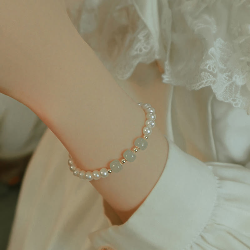 Pulsera de cadena de cuentas de sinceridad de jade blanco de jade cian hetiano de perlas naturales chapadas en oro de 14 quilates