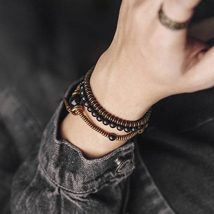 Pulsera de triple envoltura curativa de cobre y madera de ébano, obsidiana arcoíris con Buddha Stones
