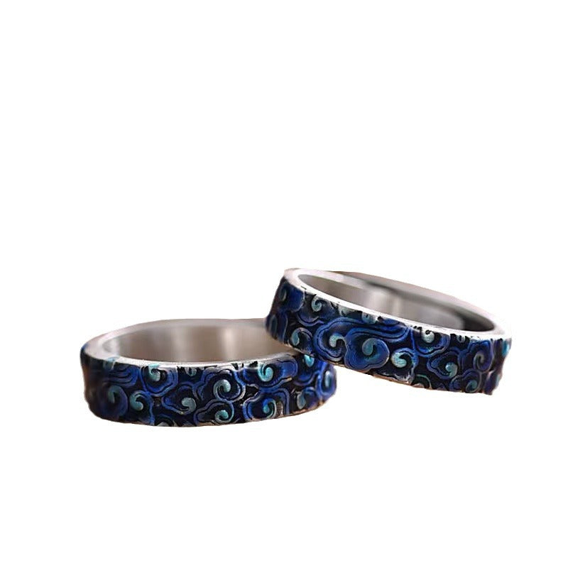 Anillo ajustable de cobre curativo con diseño de nubes auspiciosas azules con Buddha Stones