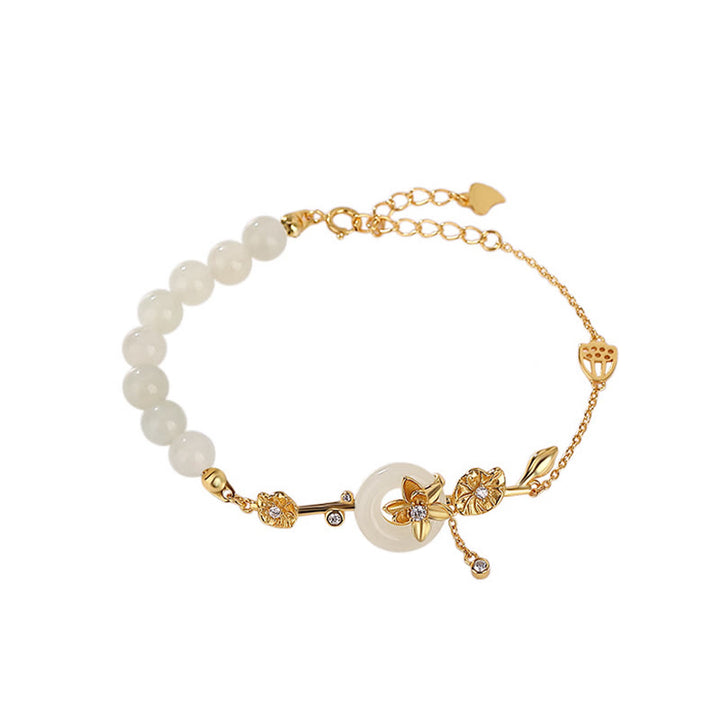 Pulsera de cadena de la suerte de loto con hebilla de la paz de jade hetiano de plata de ley 925 con Buddha Stones