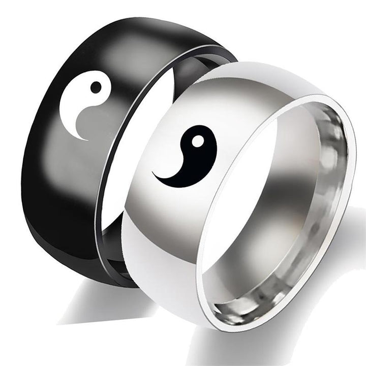 Anillo de pareja de acero titanio con equilibrio Yin Yang de Buddha Stones