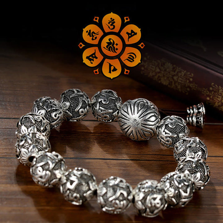 Pulsera de amuleto de cuentas de aleación talladas Om Mani Padme Hum tibetano con Buddha Stones