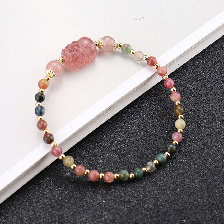 Pulsera de protección de piedra lunar PiXiu de cuarzo fresa granate turmalina natural de Buddha Stones
