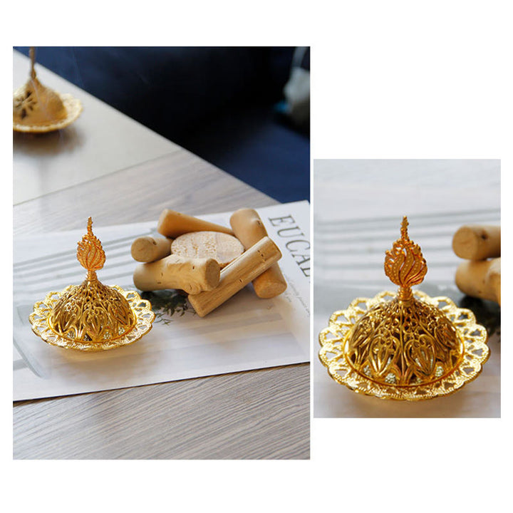 Mini quemador de incienso curativo de aleación de oro con decoración del hogar de posavasos de madera