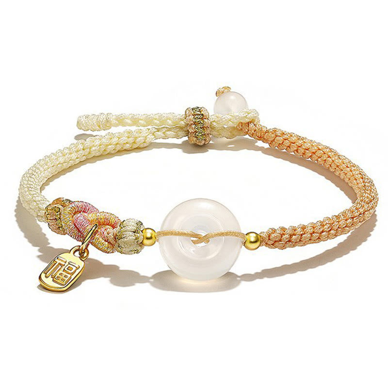 Pulsera de cuerda tejida hecha a mano de ágata blanca con hebilla de paz y suerte y protección